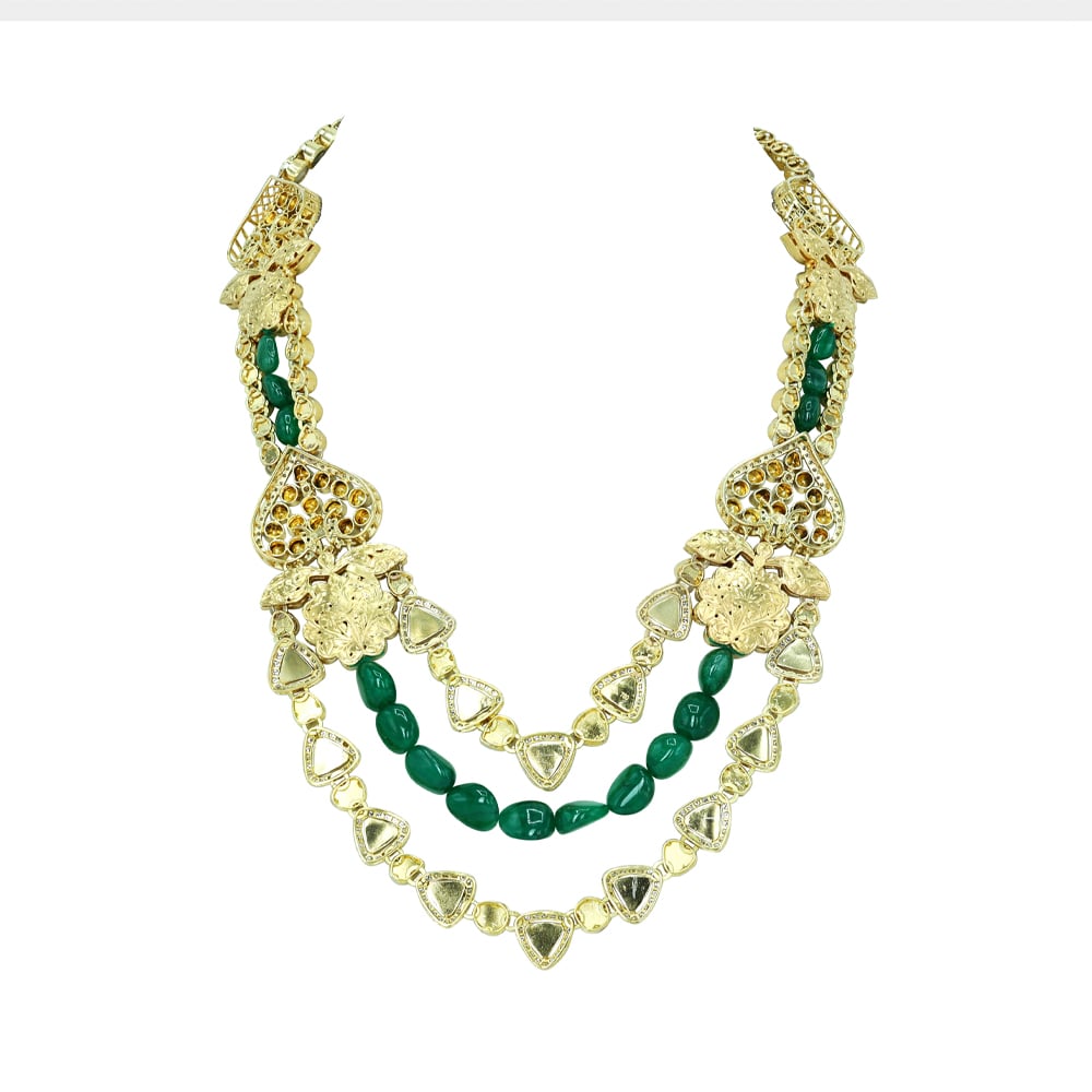 Layered Polki Necklace with Emerald Maniya and Floral Motifs